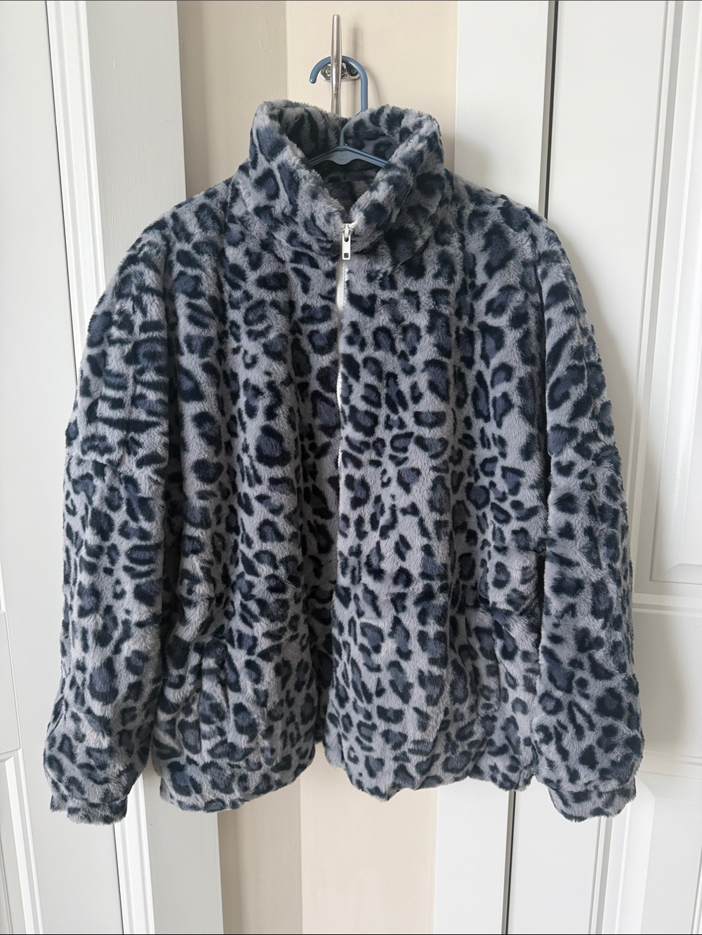 Grey and Black Faux Fur Leopard Jacket
